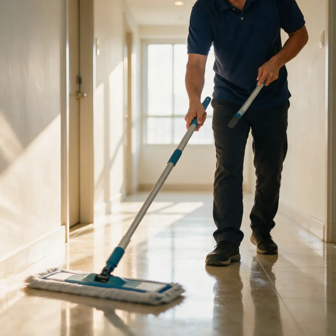 A cleaner mopping a sunlit condominium corridor