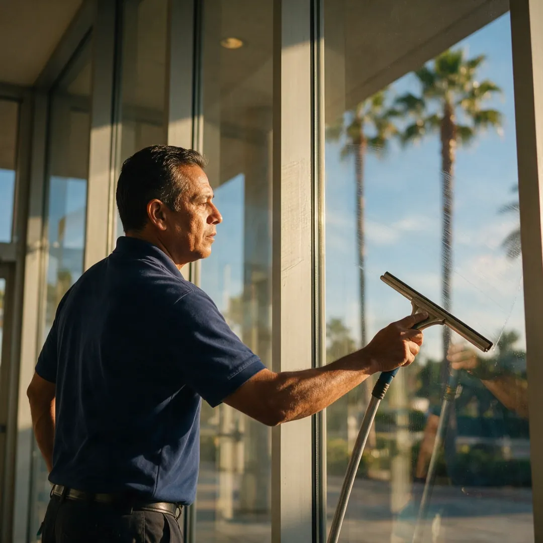 A cleaner squeegeeing a tall glass lobby window