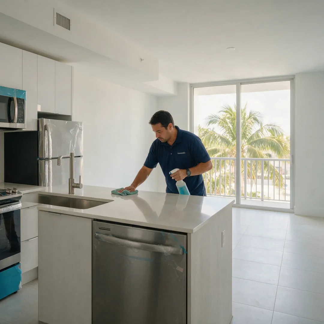 A cleaner detailing a freshly renovated apartment kitchen