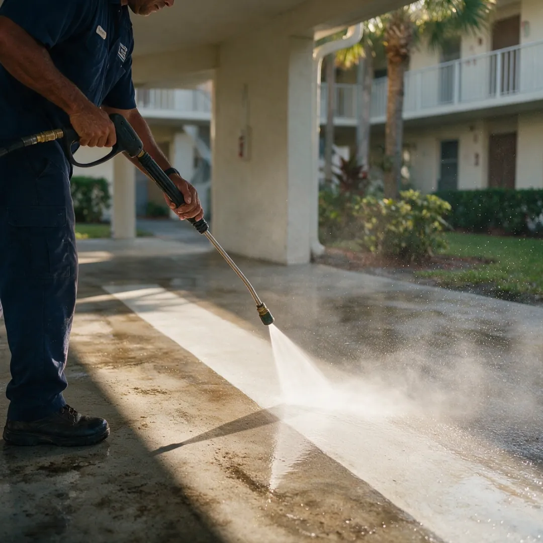 A worker pressure washing a breezeway floor